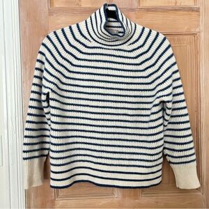 J. Crew Ribbed Cashmere Turtleneck Sweater in White with Blue Stripes Size XS